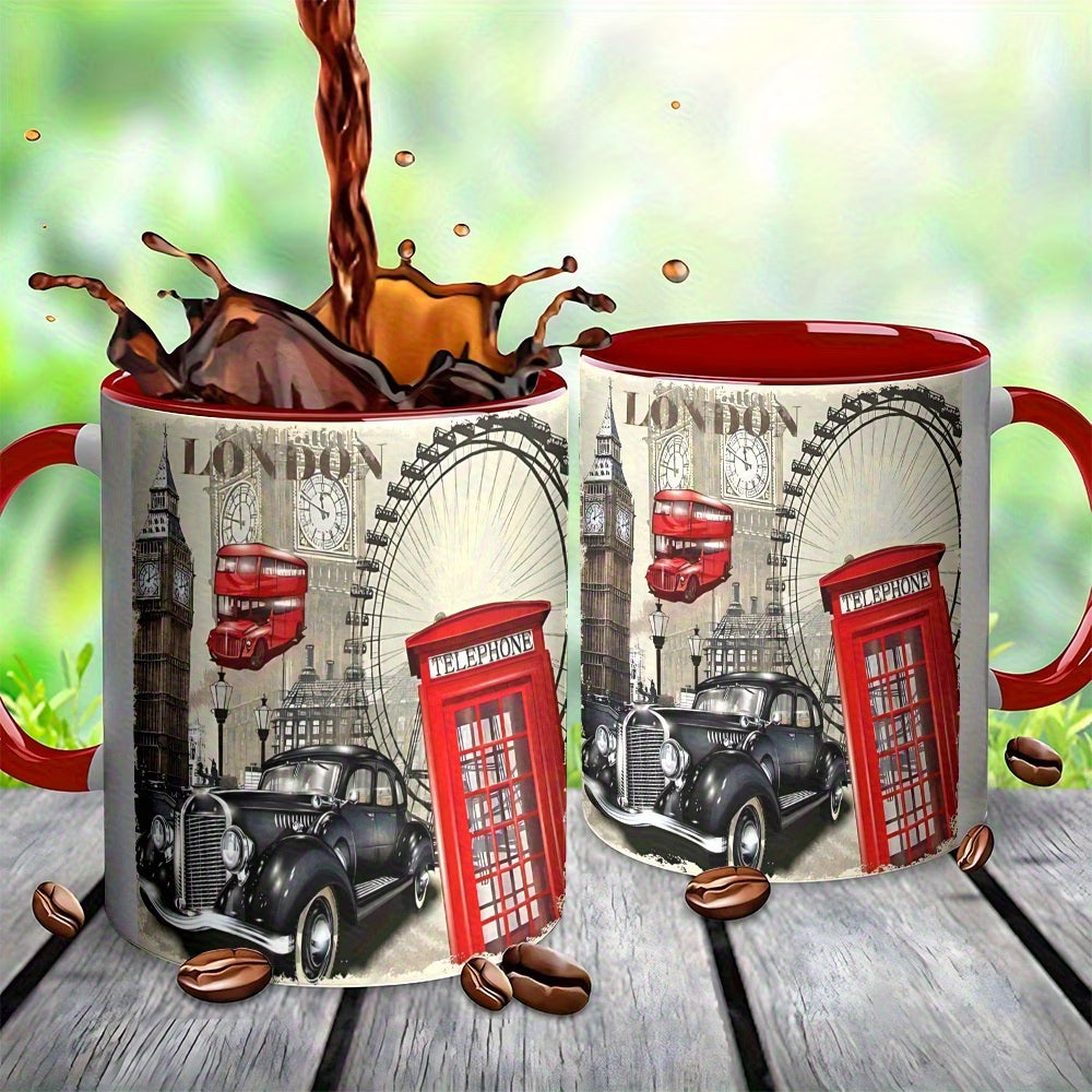 Personalized "Classic London Icons & Vintage Montage" Ceramic Coffee Mug – Red Rim & Handle, Big Ben, Red Telephone Box & British Souvenir Novelty Cup (M1192)