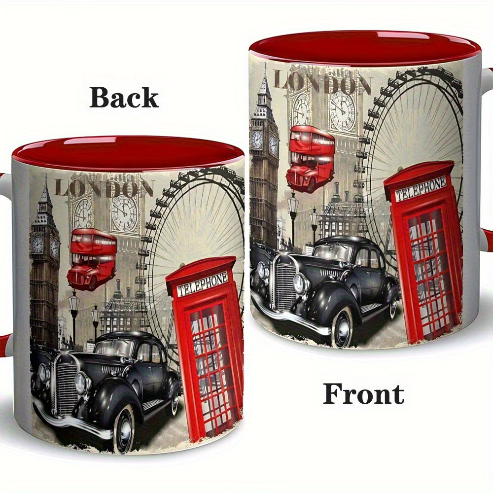 Personalized "Classic London Icons & Vintage Montage" Ceramic Coffee Mug – Red Rim & Handle, Big Ben, Red Telephone Box & British Souvenir Novelty Cup (M1192)