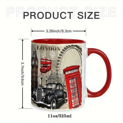 Personalized "Classic London Icons & Vintage Montage" Ceramic Coffee Mug – Red Rim & Handle, Big Ben, Red Telephone Box & British Souvenir Novelty Cup (M1192)