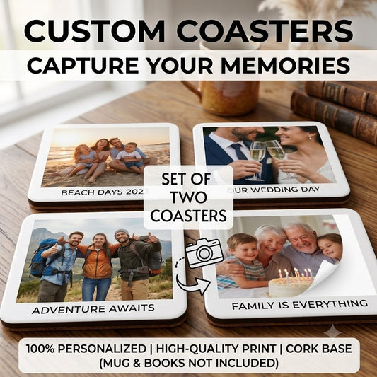 Personalised Premium Set of 2 Coasters. Customised with Any Text, Image or Logo