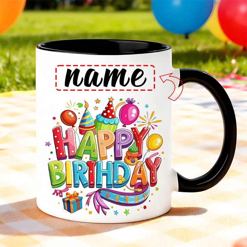 Personalized "Colorful Birthday Celebration" Ceramic Coffee Mug – Custom Name Happy Birthday Party, Balloons & Festive Novelty Cup (M1159)