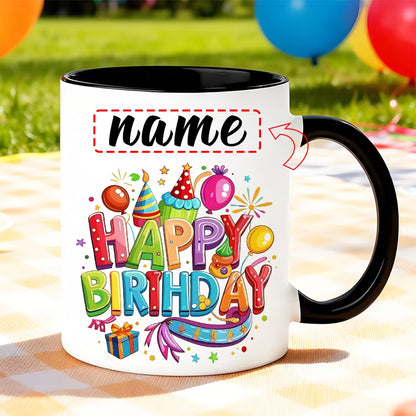 Personalized "Colorful Birthday Celebration" Ceramic Coffee Mug – Custom Name Happy Birthday Party, Balloons & Festive Novelty Cup (M1159)
