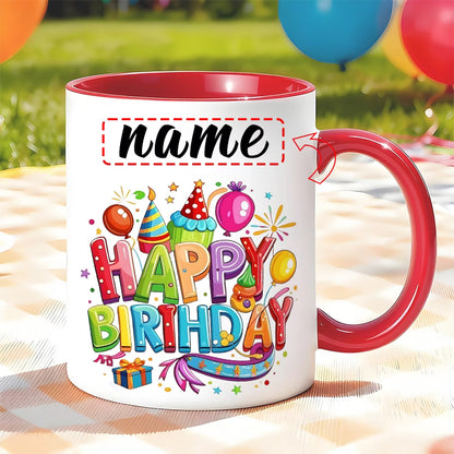 Personalized "Colorful Birthday Celebration" Ceramic Coffee Mug – Custom Name Happy Birthday Party, Balloons & Festive Novelty Cup (M1159)