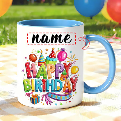 Personalized "Colorful Birthday Celebration" Ceramic Coffee Mug – Custom Name Happy Birthday Party, Balloons & Festive Novelty Cup (M1159)