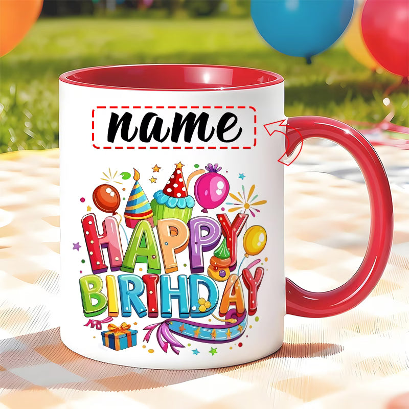 Personalized "Colorful Birthday Celebration" Ceramic Coffee Mug – Custom Name Happy Birthday Party, Balloons & Festive Novelty Cup (M1159)