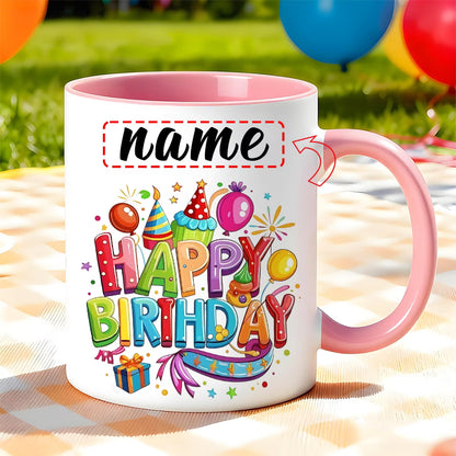 Personalized "Colorful Birthday Celebration" Ceramic Coffee Mug – Custom Name Happy Birthday Party, Balloons & Festive Novelty Cup (M1159)