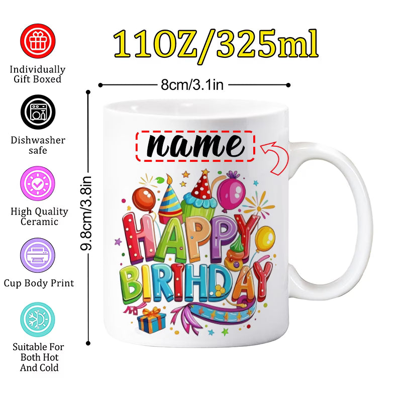 Personalized "Colorful Birthday Celebration" Ceramic Coffee Mug – Custom Name Happy Birthday Party, Balloons & Festive Novelty Cup (M1159)