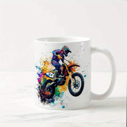 Dynamic "Colorful Motocross Splash" Art Ceramic Coffee Mug – Extreme Dirt Bike & Off-Road Rider Novelty Cup (M1094)