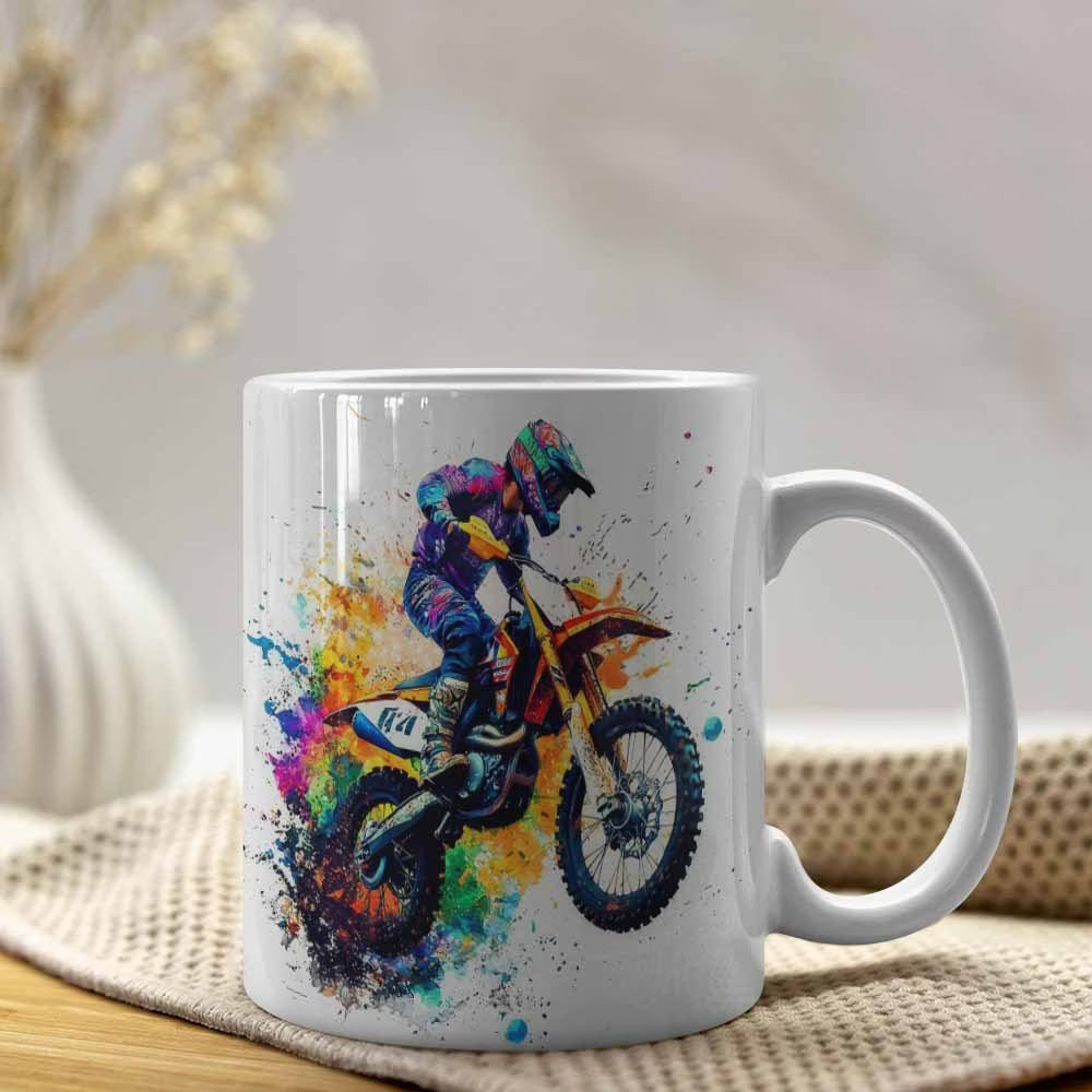 Dynamic "Colorful Motocross Splash" Art Ceramic Coffee Mug – Extreme Dirt Bike & Off-Road Rider Novelty Cup (M1094)