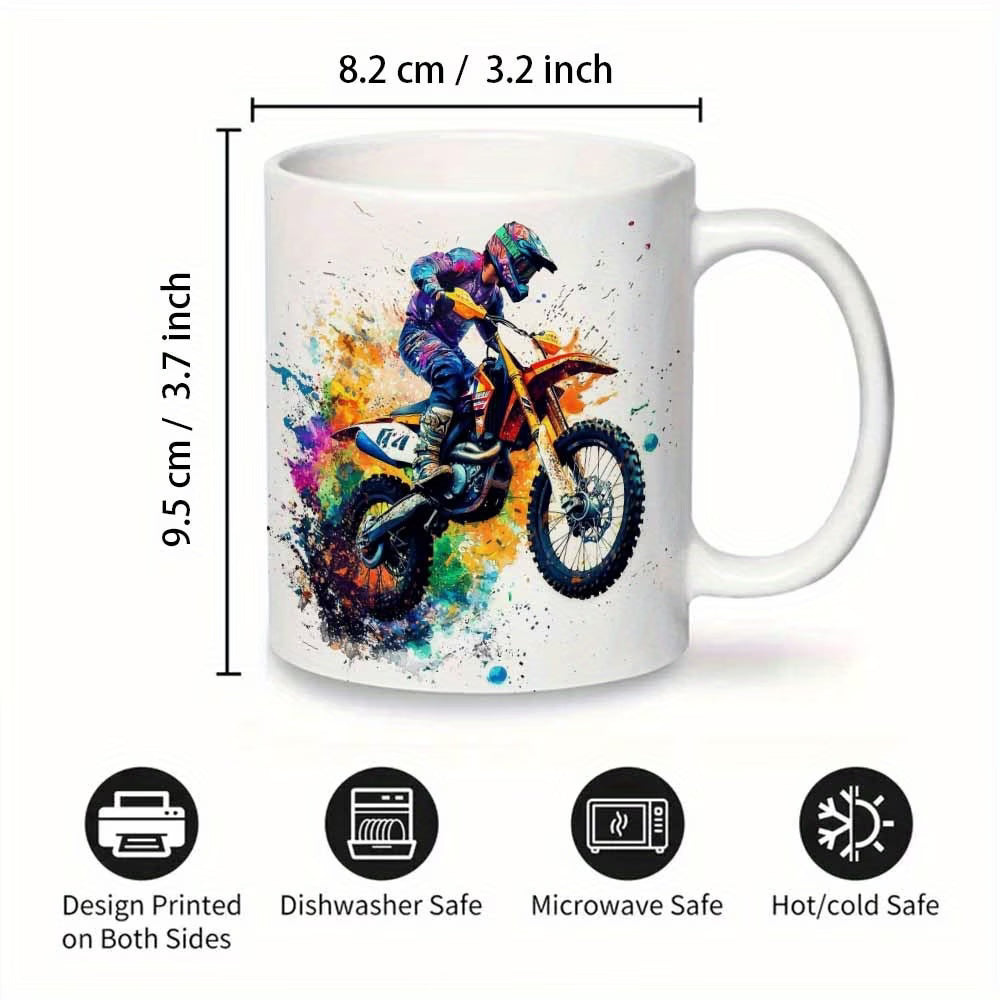Dynamic "Colorful Motocross Splash" Art Ceramic Coffee Mug – Extreme Dirt Bike & Off-Road Rider Novelty Cup (M1094)