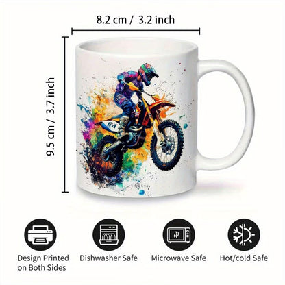 Dynamic "Colorful Motocross Splash" Art Ceramic Coffee Mug – Extreme Dirt Bike & Off-Road Rider Novelty Cup (M1094)