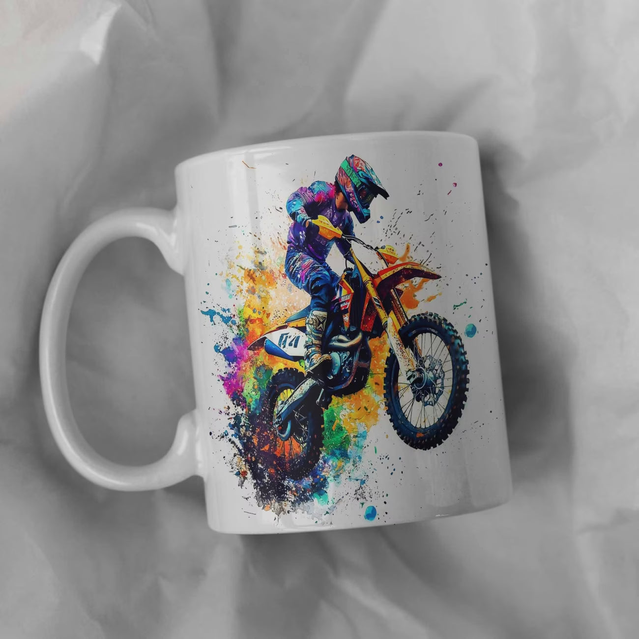 Dynamic "Colorful Motocross Splash" Art Ceramic Coffee Mug – Extreme Dirt Bike & Off-Road Rider Novelty Cup (M1094)