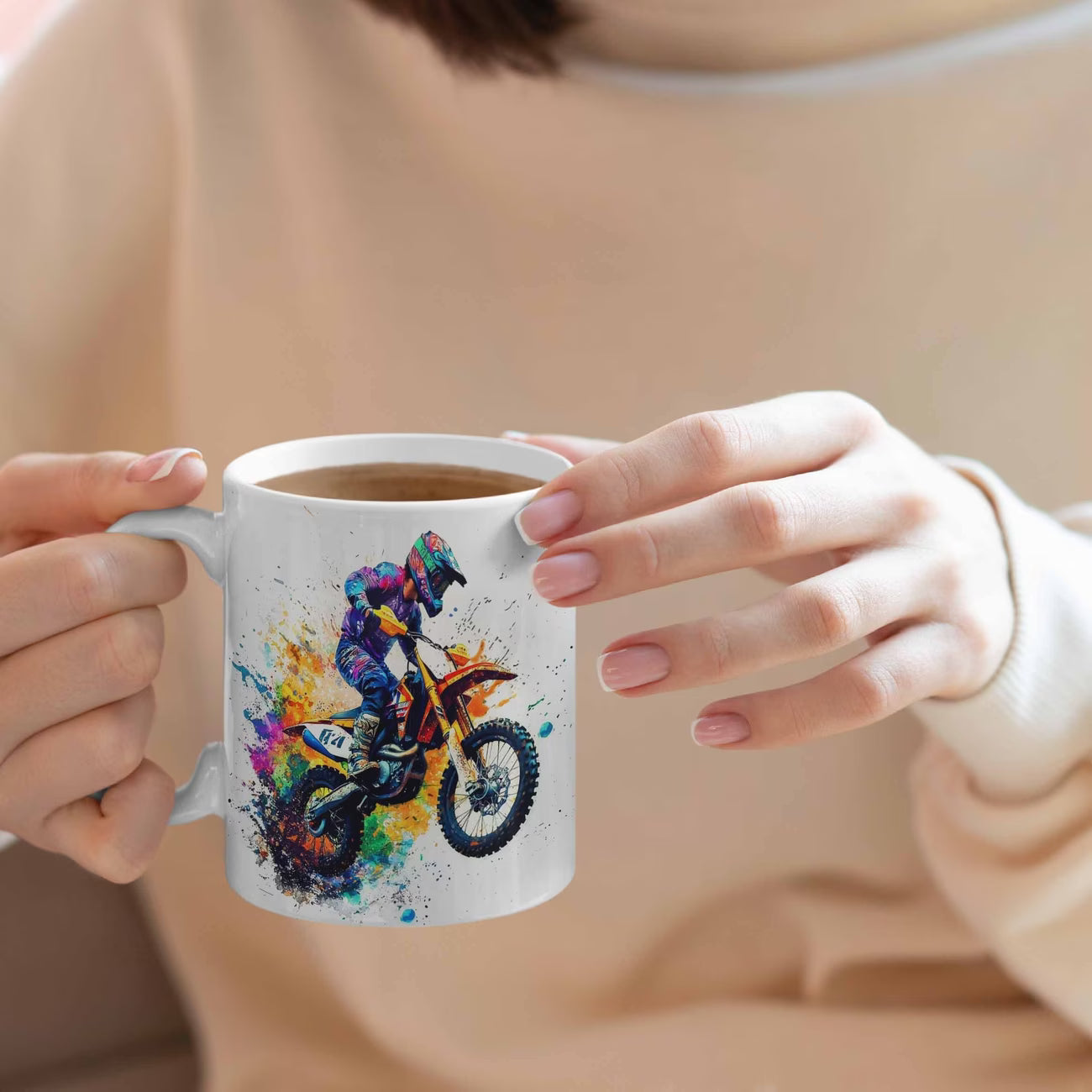 Dynamic "Colorful Motocross Splash" Art Ceramic Coffee Mug – Extreme Dirt Bike & Off-Road Rider Novelty Cup (M1094)