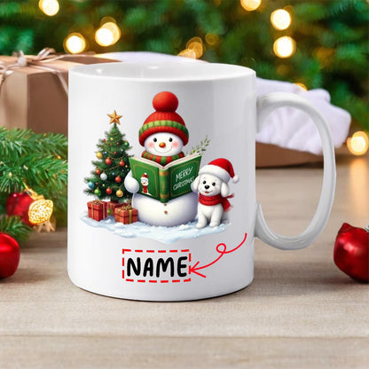 Personalized "Snowman & Puppy Reading 'Merry Christmas'" Ceramic Coffee Mug – Custom Name Festive Holiday & Winter Dog Lover Novelty Cup (M1148)