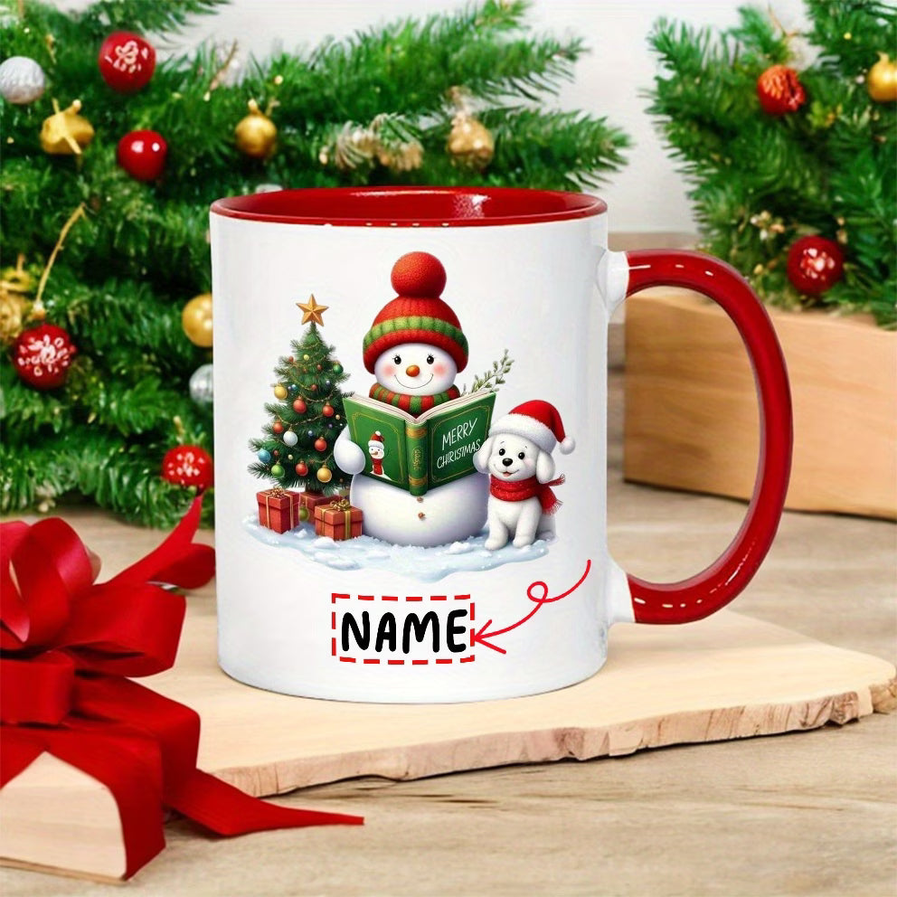 Personalized "Snowman & Puppy Reading 'Merry Christmas'" Ceramic Coffee Mug – Custom Name Festive Holiday & Winter Dog Lover Novelty Cup (M1148)