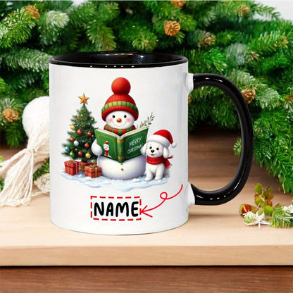 Personalized "Snowman & Puppy Reading 'Merry Christmas'" Ceramic Coffee Mug – Custom Name Festive Holiday & Winter Dog Lover Novelty Cup (M1148)