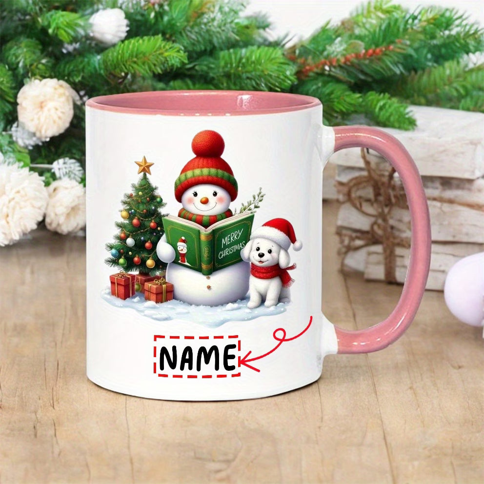 Personalized "Snowman & Puppy Reading 'Merry Christmas'" Ceramic Coffee Mug – Custom Name Festive Holiday & Winter Dog Lover Novelty Cup (M1148)