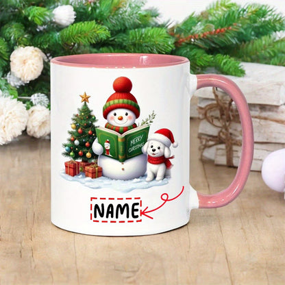 Personalized "Snowman & Puppy Reading 'Merry Christmas'" Ceramic Coffee Mug – Custom Name Festive Holiday & Winter Dog Lover Novelty Cup (M1148)