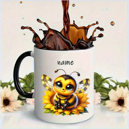 Personalized "Cute Baby Bee on Sunflower" Ceramic Coffee Mug – Custom Name Sweet Honeybee & Nature Lover Novelty Cup (M1142)