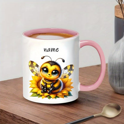 Personalized "Cute Baby Bee on Sunflower" Ceramic Coffee Mug – Custom Name Sweet Honeybee & Nature Lover Novelty Cup (M1142)