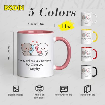 Personalized "Cute Cats Talking on Phone" Ceramic Coffee Mug – Long Distance Relationship Quote, Peach & Goma Cats & Romantic Novelty Cup (M1179)