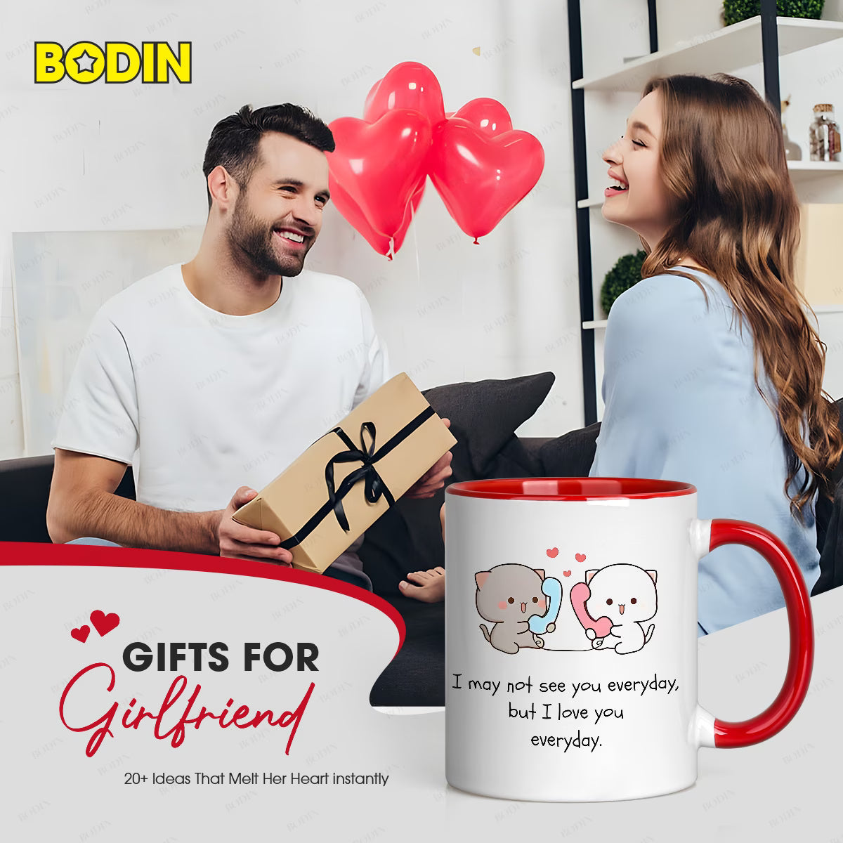 Personalized "Cute Cats Talking on Phone" Ceramic Coffee Mug – Long Distance Relationship Quote, Peach & Goma Cats & Romantic Novelty Cup (M1179)