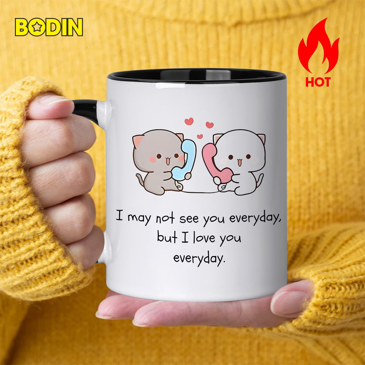 Personalized "Cute Cats Talking on Phone" Ceramic Coffee Mug – Long Distance Relationship Quote, Peach & Goma Cats & Romantic Novelty Cup (M1179)