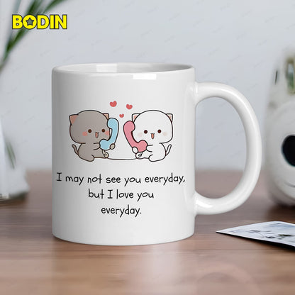 Personalized "Cute Cats Talking on Phone" Ceramic Coffee Mug – Long Distance Relationship Quote, Peach & Goma Cats & Romantic Novelty Cup (M1179)