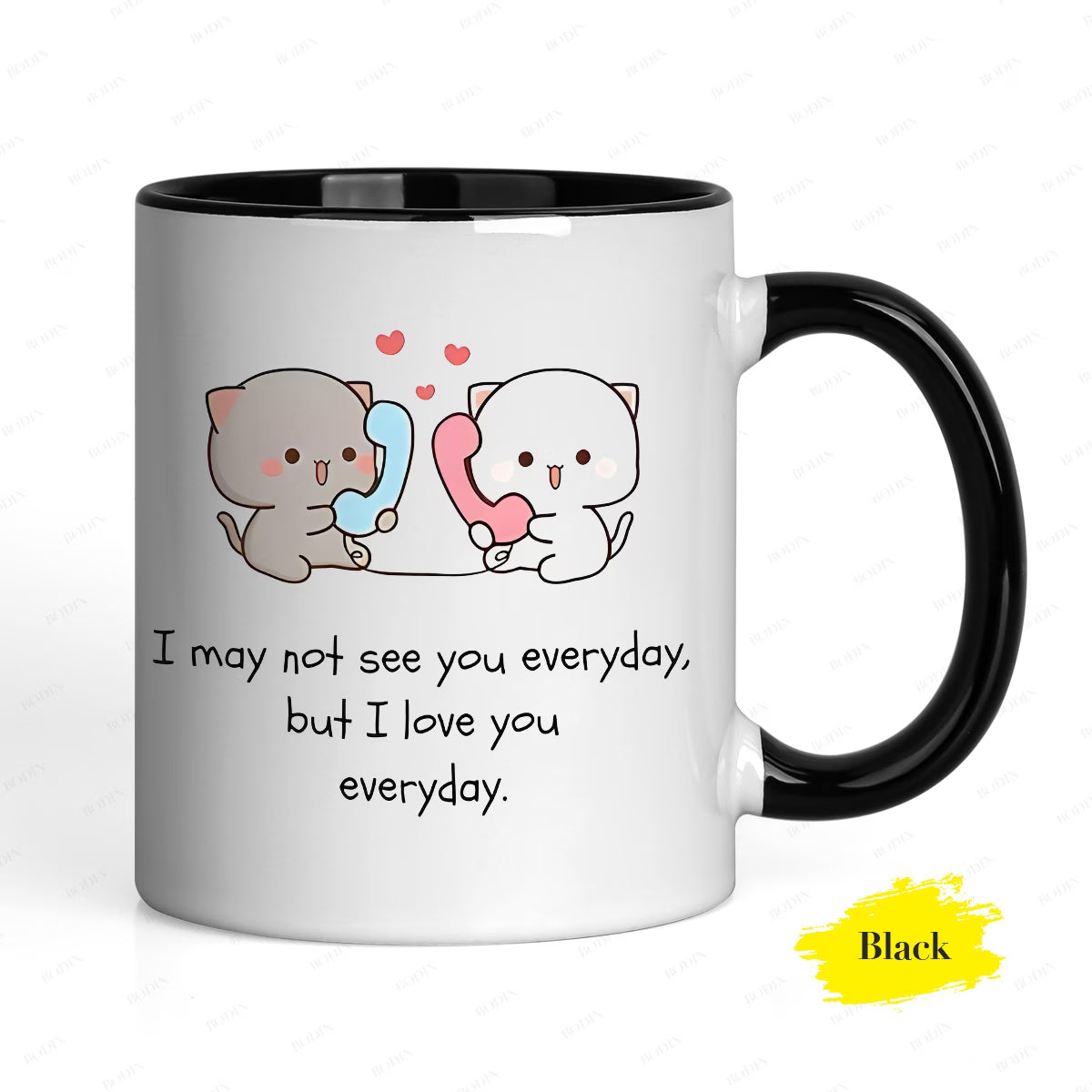 Personalized "Cute Cats Talking on Phone" Ceramic Coffee Mug – Long Distance Relationship Quote, Peach & Goma Cats & Romantic Novelty Cup (M1179)