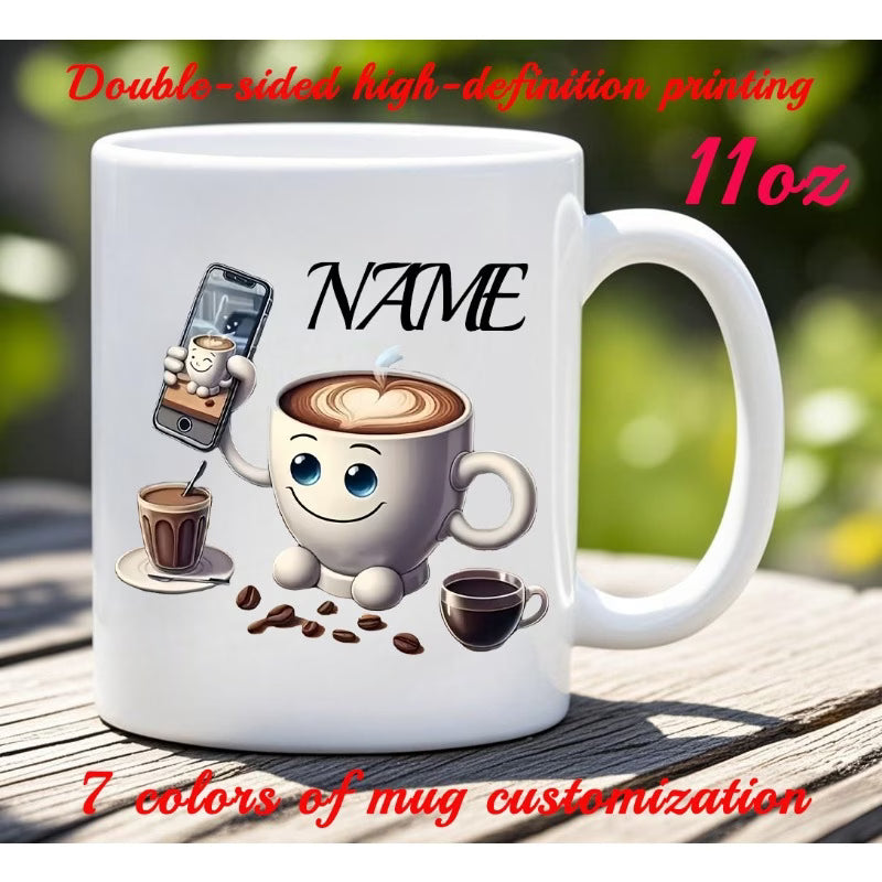 Personalized "Cute Coffee Cup Character with Phone" Ceramic Coffee Mug – Custom Name Barista, Coffee Lover & Cute Cartoon Novelty Cup (M1187)