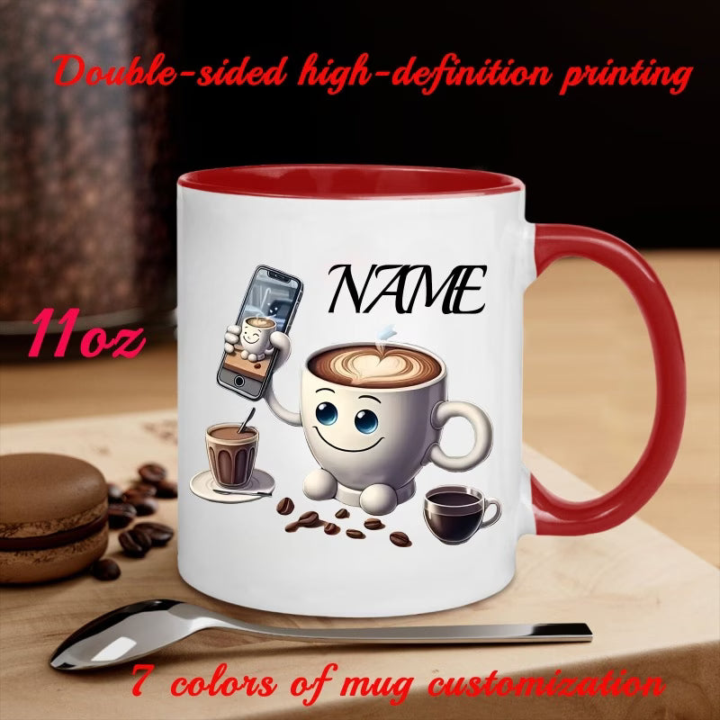 Personalized "Cute Coffee Cup Character with Phone" Ceramic Coffee Mug – Custom Name Barista, Coffee Lover & Cute Cartoon Novelty Cup (M1187)