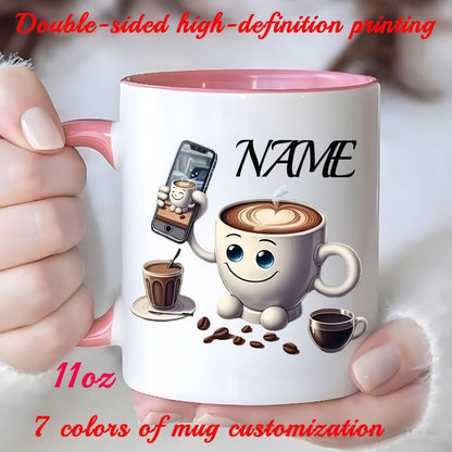 Personalized "Cute Coffee Cup Character with Phone" Ceramic Coffee Mug – Custom Name Barista, Coffee Lover & Cute Cartoon Novelty Cup (M1187)