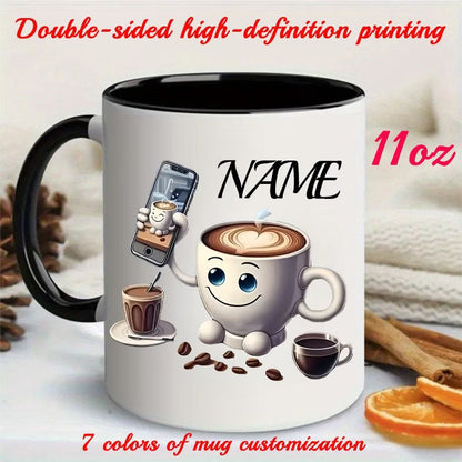 Personalized "Cute Coffee Cup Character with Phone" Ceramic Coffee Mug – Custom Name Barista, Coffee Lover & Cute Cartoon Novelty Cup (M1187)