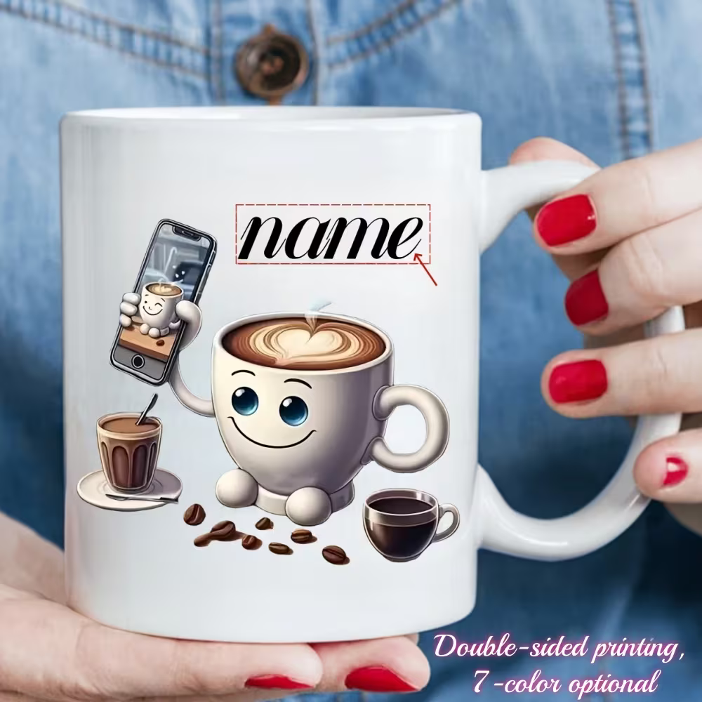 Personalized "Cute Coffee Cup Taking a Selfie" Ceramic Coffee Mug – Custom Name Coffee Lover, Latte Art & Quirky Novelty Cup (M1163)
