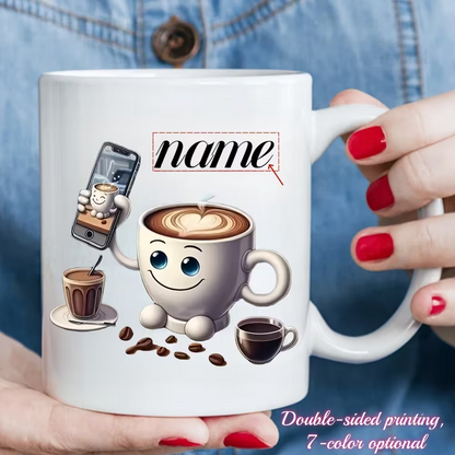 Personalized "Cute Coffee Cup Taking a Selfie" Ceramic Coffee Mug – Custom Name Coffee Lover, Latte Art & Quirky Novelty Cup (M1163)