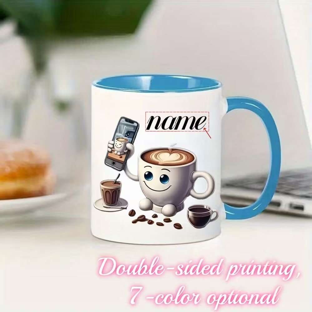 Personalized "Cute Coffee Cup Taking a Selfie" Ceramic Coffee Mug – Custom Name Coffee Lover, Latte Art & Quirky Novelty Cup (M1163)