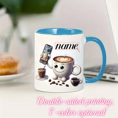 Personalized "Cute Coffee Cup Taking a Selfie" Ceramic Coffee Mug – Custom Name Coffee Lover, Latte Art & Quirky Novelty Cup (M1163)