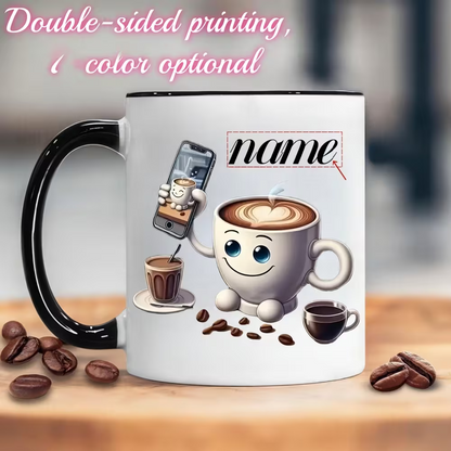 Personalized "Cute Coffee Cup Taking a Selfie" Ceramic Coffee Mug – Custom Name Coffee Lover, Latte Art & Quirky Novelty Cup (M1163)