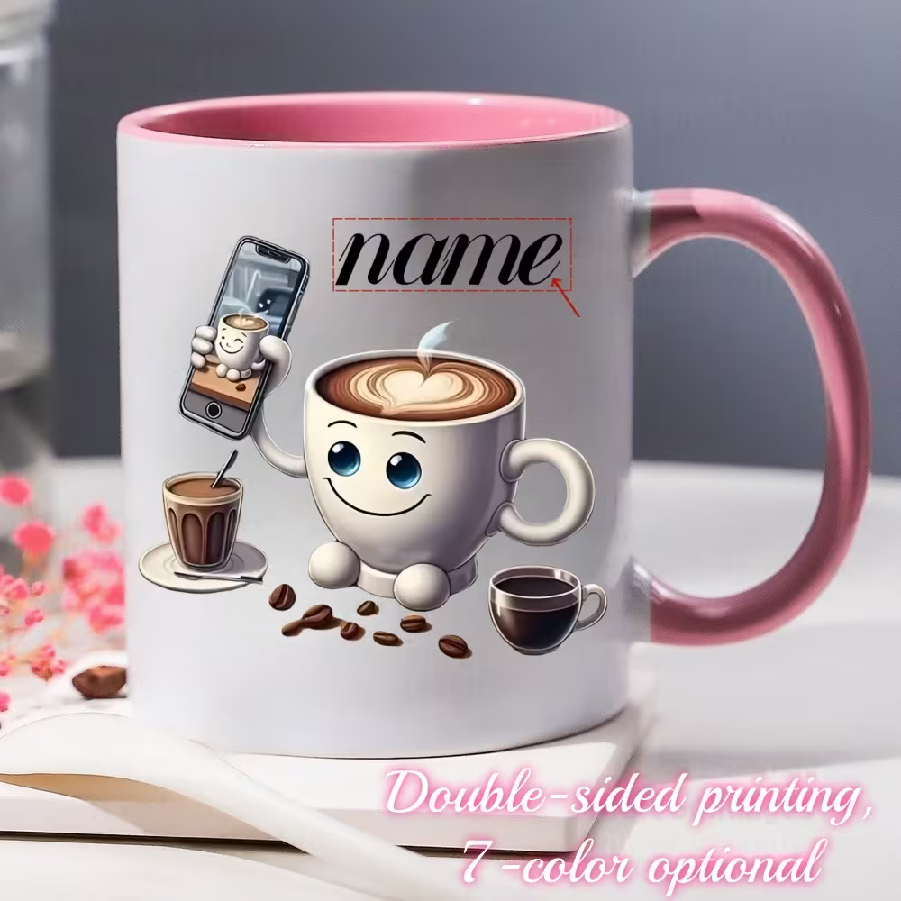 Personalized "Cute Coffee Cup Taking a Selfie" Ceramic Coffee Mug – Custom Name Coffee Lover, Latte Art & Quirky Novelty Cup (M1163)