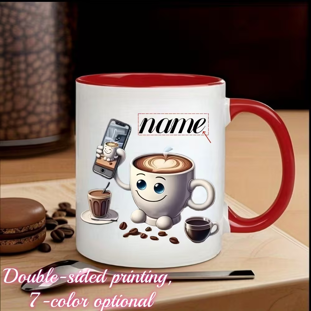 Personalized "Cute Coffee Cup Taking a Selfie" Ceramic Coffee Mug – Custom Name Coffee Lover, Latte Art & Quirky Novelty Cup (M1163)