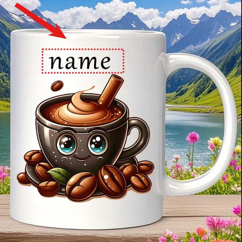 Personalized "Cute Coffee Cup with Beans" Ceramic Coffee Mug – Custom Name Coffee Lover, Cute Cartoon Character & Cafe Novelty Cup (M1166)