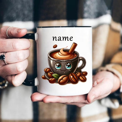 Personalized "Cute Coffee Cup with Beans" Ceramic Coffee Mug – Custom Name Coffee Lover, Cute Cartoon Character & Cafe Novelty Cup (M1166)