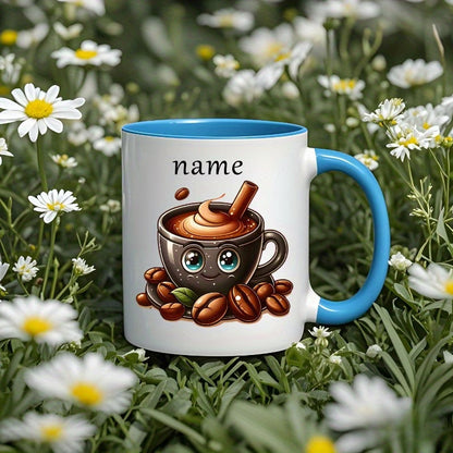 Personalized "Cute Coffee Cup with Beans" Ceramic Coffee Mug – Custom Name Coffee Lover, Cute Cartoon Character & Cafe Novelty Cup (M1166)