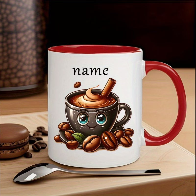 Personalized "Cute Coffee Cup with Beans" Ceramic Coffee Mug – Custom Name Coffee Lover, Cute Cartoon Character & Cafe Novelty Cup (M1166)