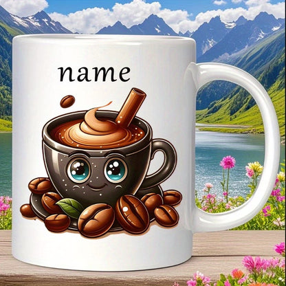 Personalized "Cute Coffee Cup with Beans" Ceramic Coffee Mug – Custom Name Coffee Lover, Cute Cartoon Character & Cafe Novelty Cup (M1166)