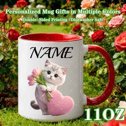 Personalized "Cute Kitten with Tulips & Pink Heart" Ceramic Coffee Mug – Custom Name Cat Lover, Cute Animal & Spring Floral Novelty Cup (M1168)