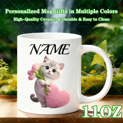 Personalized "Cute Kitten with Tulips & Pink Heart" Ceramic Coffee Mug – Custom Name Cat Lover, Cute Animal & Spring Floral Novelty Cup (M1168)