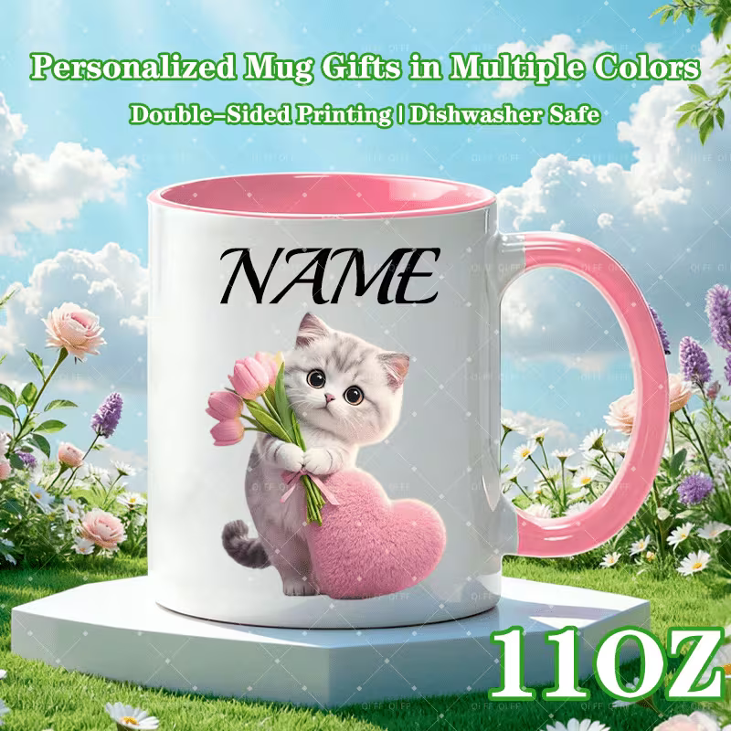 Personalized "Cute Kitten with Tulips & Pink Heart" Ceramic Coffee Mug – Custom Name Cat Lover, Cute Animal & Spring Floral Novelty Cup (M1168)