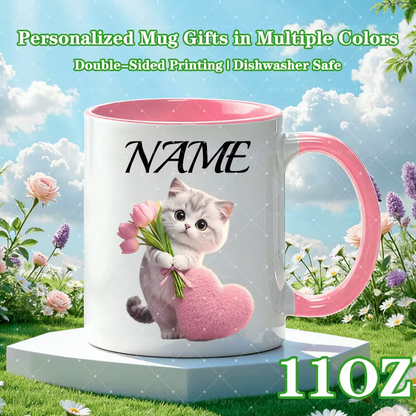 Personalized "Cute Kitten with Tulips & Pink Heart" Ceramic Coffee Mug – Custom Name Cat Lover, Cute Animal & Spring Floral Novelty Cup (M1168)