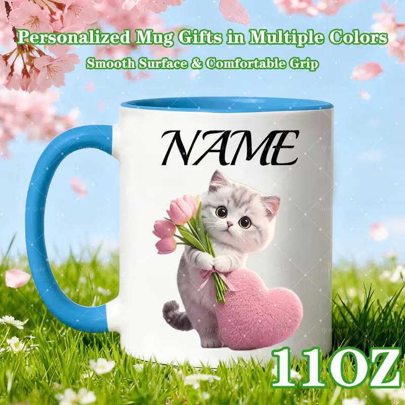 Personalized "Cute Kitten with Tulips & Pink Heart" Ceramic Coffee Mug – Custom Name Cat Lover, Cute Animal & Spring Floral Novelty Cup (M1168)